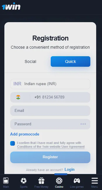 1win casino registration method India