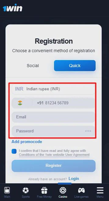 1win quick registration
